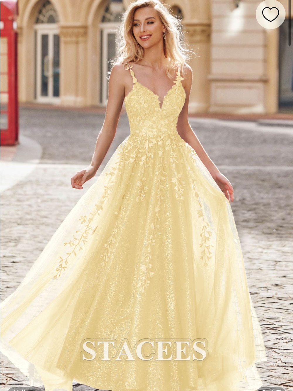 Yellow Spaghetti-Strap Prom Dress with Floral Appliqué